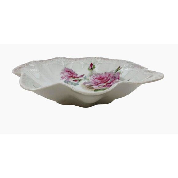 Antique K Steinmann German Porcelain Floral Dish Pink Roses Scalloped Edges - Picture 7 of 10